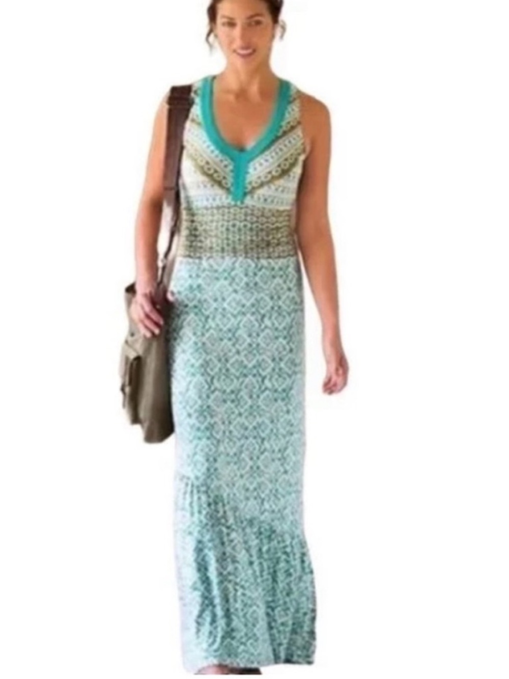 Athleta Maya Teal Turquoise Brown White Bohemian Boho Sleeveless Maxi Dress S
